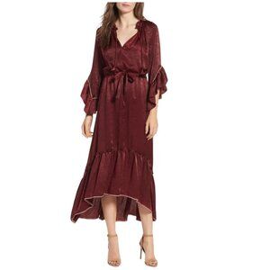 Misa Alegria Dress Size Medium Hammered Satin High Low Ruffle Burgundy  Flowy